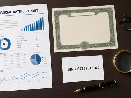 S&P Global Inc. (ISIN US78378X1072): Flatlay mit Rating-Bericht, Aktienzertifikat, ISIN-Karte und Analystenutensilien auf Holztisch - Foto: THN