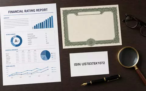 S&P Global Inc. (ISIN US78378X1072): Flatlay mit Rating-Bericht, Aktienzertifikat, ISIN-Karte und Analystenutensilien auf Holztisch - Foto: THN