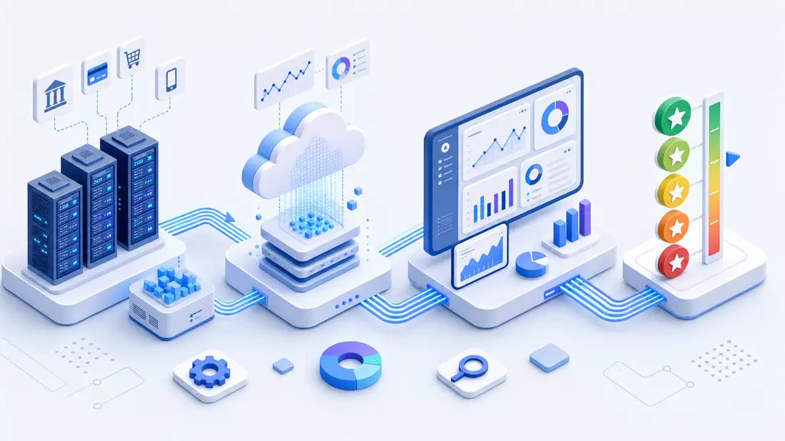 Isometrische Grafik einer Datenpipeline mit Servern, Cloud und Analyse-Dashboards