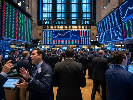 S&P Global Inc. (ISIN US78378X1072): Börsen-Editorial-Foto eines belebten Trading-Floors mit generischen Ticker-Anzeigen und Charts - Foto: THN