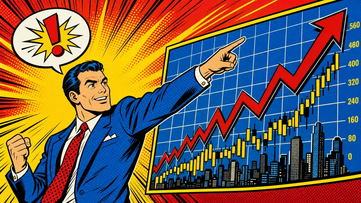 Pop-Art-Comic eines Analysten, der auf einen ansteigenden Börsenchart zeigt