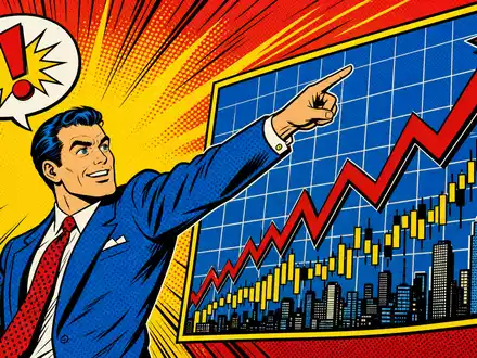 S&P Global Inc. (ISIN US78378X1072): Pop-Art-Comic-Illustration eines Finanzanalysten, der auf einen steigenden Aktienchart zeigt - Foto: THN