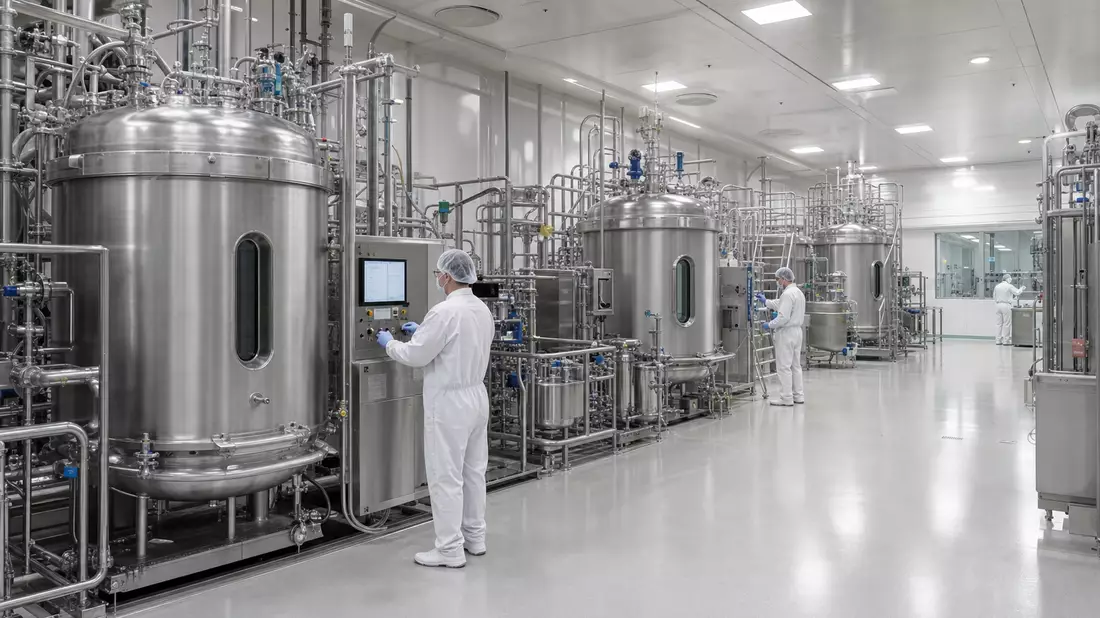Fotorealistische Bioreaktor-Anlage in Reinraumhalle mit Edelstahltanks und Technikern