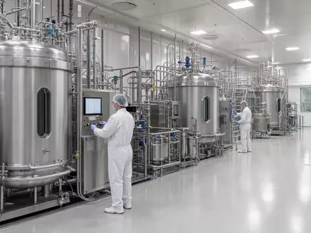 Sartorius AG (Vz.) DE0006292006 zeigt fotorealistisch eine sterile Bioreaktor-Anlage mit Technikern in weißer Reinraum-Schutzkleidung - Foto: THN
