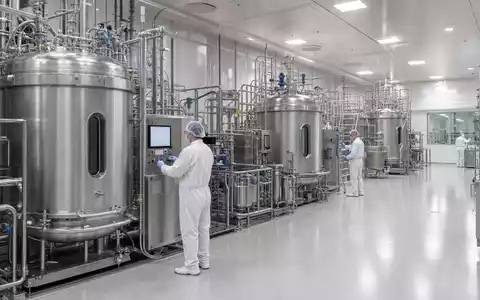 Sartorius AG (Vz.) DE0006292006 zeigt fotorealistisch eine sterile Bioreaktor-Anlage mit Technikern in weißer Reinraum-Schutzkleidung - Foto: THN