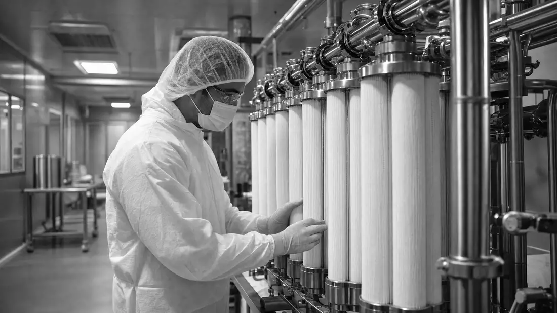 Schwarzweiß-Reportage eines Ingenieurs bei Filtermodul-Inspektion im Reinraum