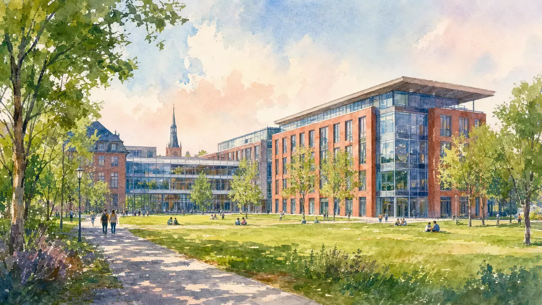 Aquarellmalerei eines Forschungscampus mit Backsteinfassade und grüner Parkanlage