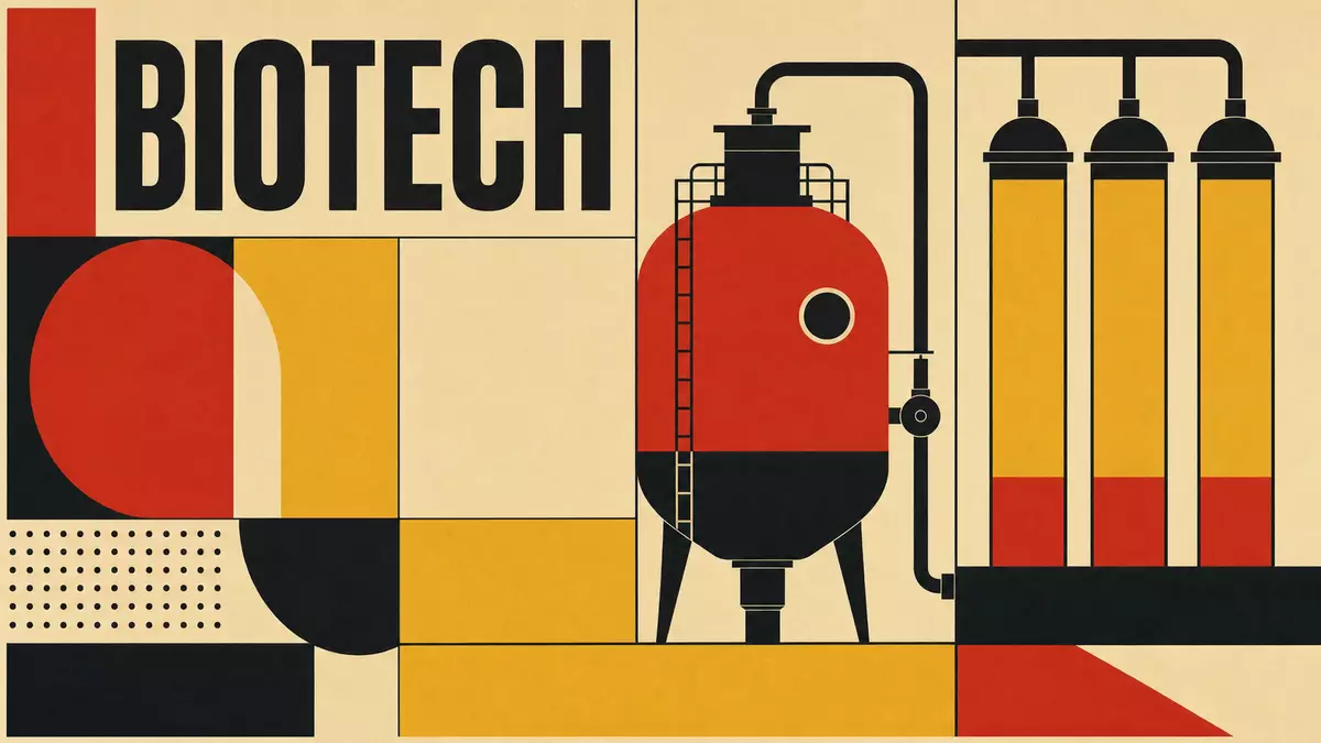 Bauhaus-Poster mit geometrischem Bioreaktor-Motiv und Schriftzug BIOTECH