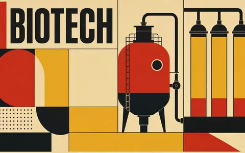 Sartorius AG (Vz.) DE0006292006 erscheint als geometrisches Bauhaus-Poster mit stilisiertem Bioreaktor und dem Wort BIOTECH - Foto: THN