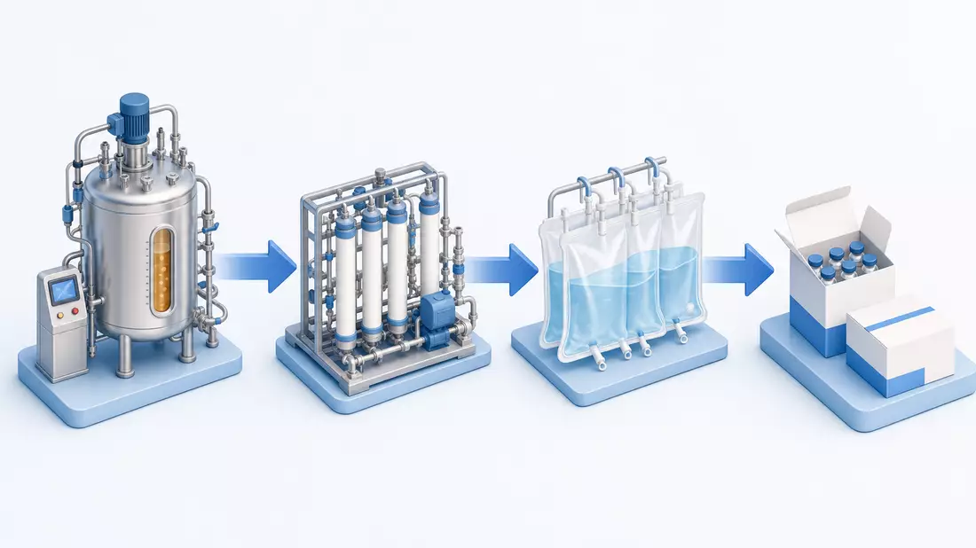 Isometrische 3D-Grafik der Bioprozess-Wertschöpfungskette von Tank bis Verpackung
