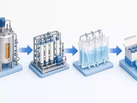 Sartorius AG (Vz.) DE0006292006 illustriert isometrisch die Bioprozess-Wertschöpfungskette von Bioreaktor über Filtration bis Verpackung - Foto: THN