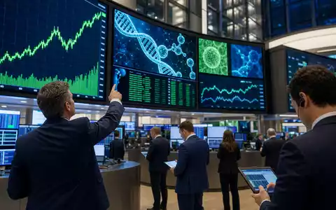 Sartorius AG (Vz.) DE0006292006 wird redaktionell auf einem Börsenparkett mit Biotech-Charts und Kursbildschirmen inszeniert - Foto: THN