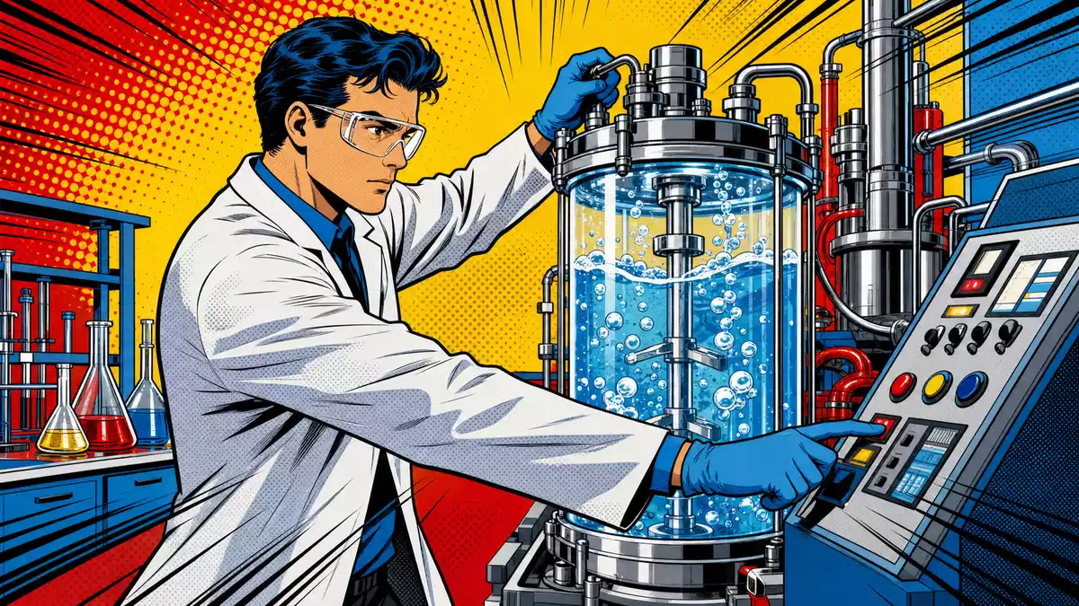 Pop-Art-Comic eines Wissenschaftlers an einem sprudelnden Bioreaktor-Tank
