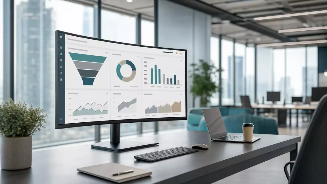 Modernes Büro mit CRM-Dashboard-Bildschirm und Blick auf Skyline
