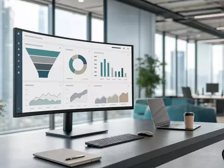 Fotorealistisches Büro zeigt Cloud-CRM-Dashboard von Salesforce Inc., ISIN US78409V1044, mit Vertriebs-Kennzahlen und Diagrammen - Foto: THN