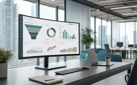 Fotorealistisches Büro zeigt Cloud-CRM-Dashboard von Salesforce Inc., ISIN US78409V1044, mit Vertriebs-Kennzahlen und Diagrammen - Foto: THN