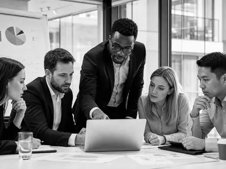 Schwarzweiß-Reportage dokumentiert Vertriebsteam von Salesforce Inc., ISIN US78409V1044, bei Analyse einer CRM-Software-Präsentation im Büro - Foto: THN
