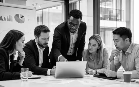 Schwarzweiß-Reportage dokumentiert Vertriebsteam von Salesforce Inc., ISIN US78409V1044, bei Analyse einer CRM-Software-Präsentation im Büro - Foto: THN