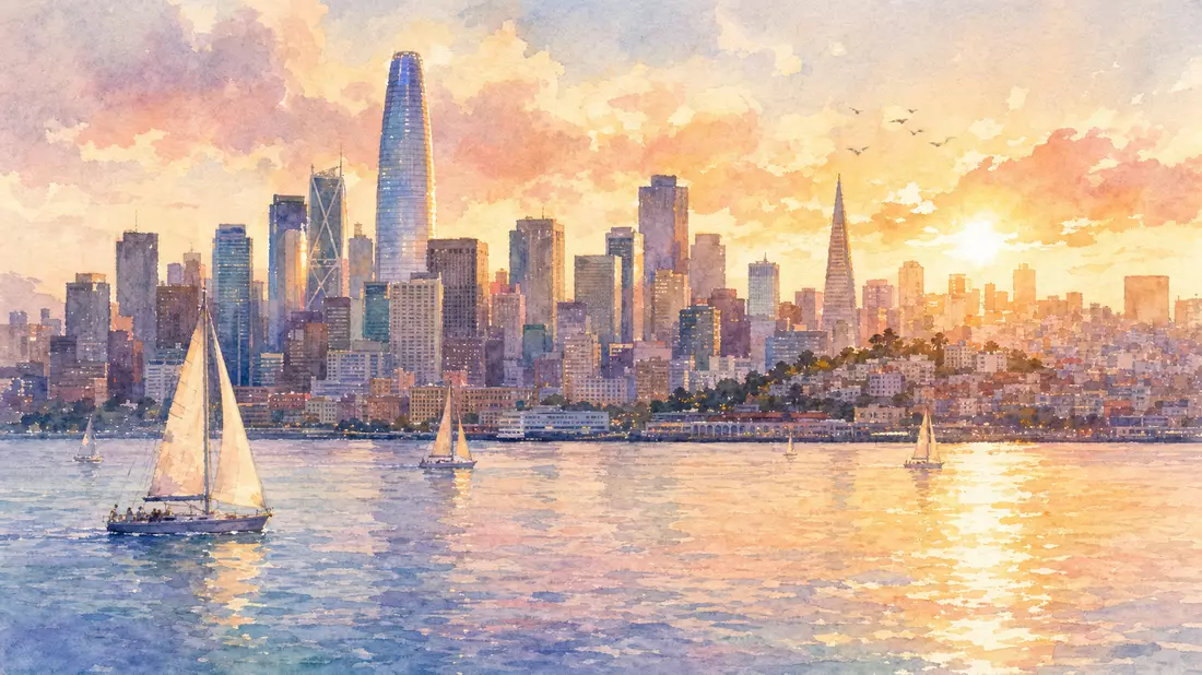 Aquarellbild der San Francisco Skyline mit Segelbooten in der Bucht
