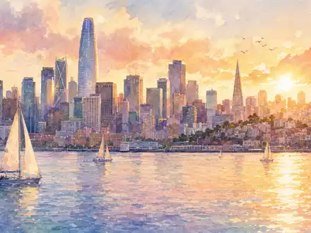 Aquarellmalerei der San-Francisco-Skyline symbolisiert Heimatstadt von Salesforce Inc., ISIN US78409V1044, mit markantem Wolkenkratzer bei Sonnenuntergang - Foto: THN
