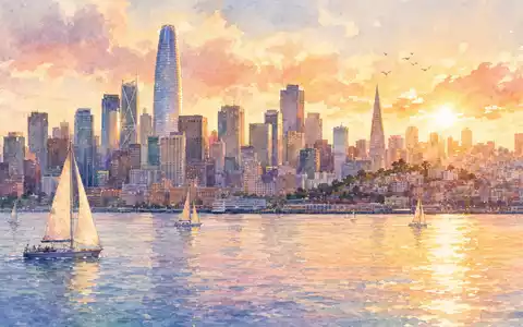 Aquarellmalerei der San-Francisco-Skyline symbolisiert Heimatstadt von Salesforce Inc., ISIN US78409V1044, mit markantem Wolkenkratzer bei Sonnenuntergang - Foto: THN
