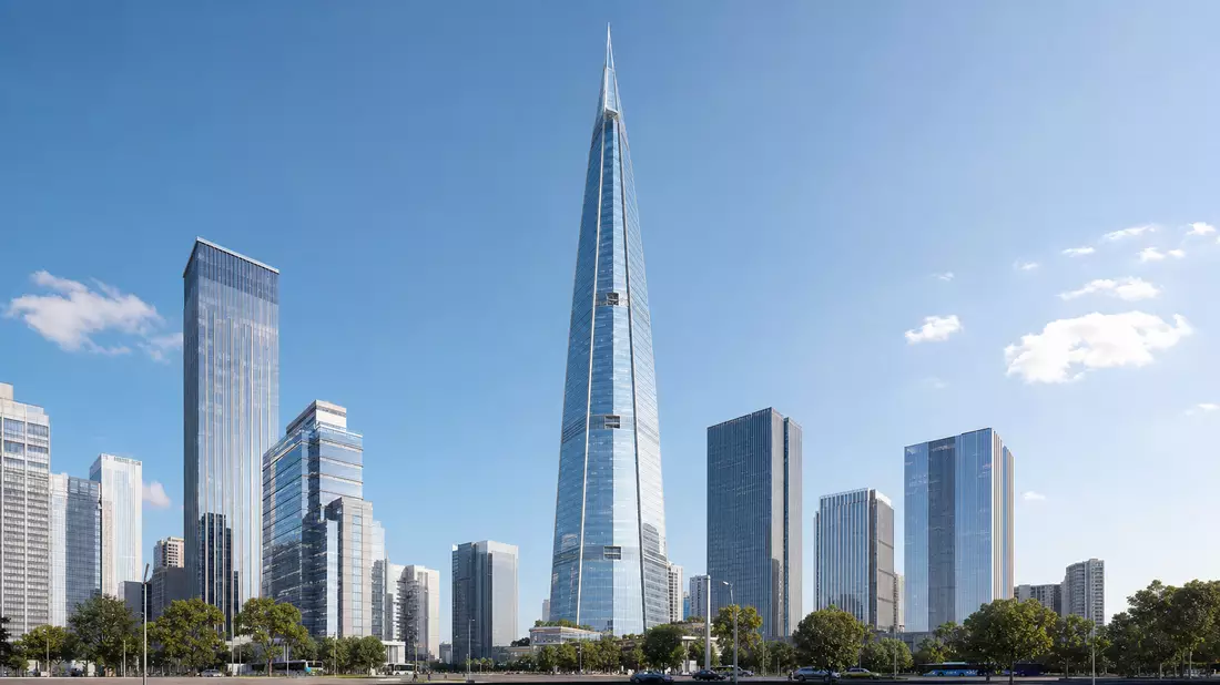3D-Render eines modernen Glas-Wolkenkratzers mit spitzem Turm