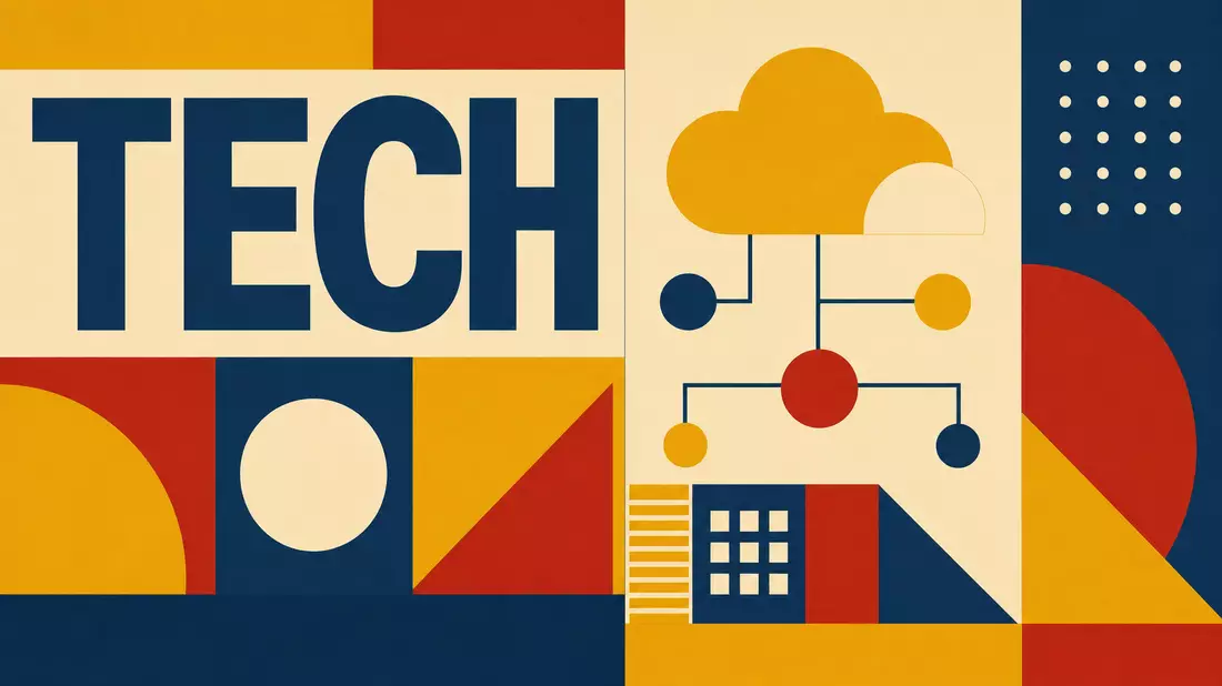 Geometrisches Bauhaus-Poster mit Wolkenmotiv und Schriftzug TECH
