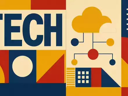 Bauhaus-Poster mit geometrischen Formen und Text TECH visualisiert Softwarebranche von Salesforce Inc., ISIN US78409V1044, abstrakt - Foto: THN
