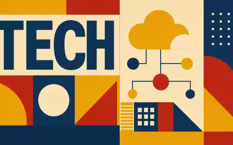 Bauhaus-Poster mit geometrischen Formen und Text TECH visualisiert Softwarebranche von Salesforce Inc., ISIN US78409V1044, abstrakt - Foto: THN