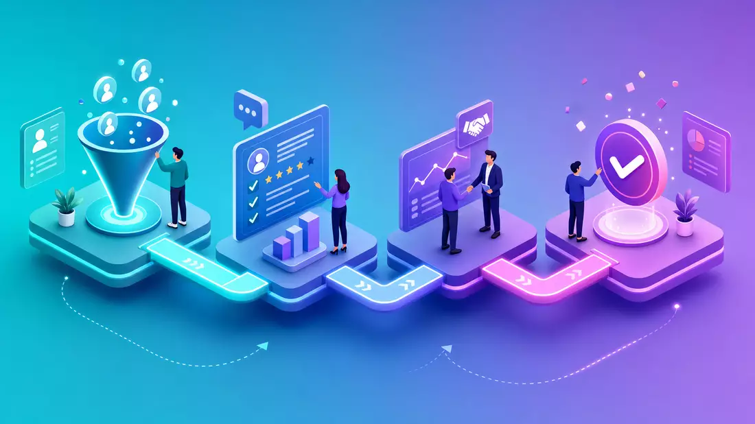 Isometrische Illustration einer digitalen Vertriebs-Pipeline mit Figuren