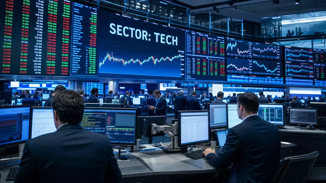 Trading-Floor mit großen Bildschirmen und Aufschrift SECTOR TECH
