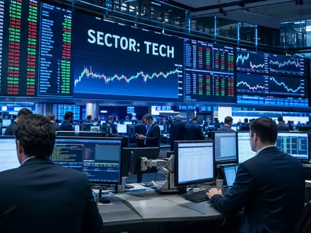 Börsen-Editorial zeigt Trading-Floor mit Sektor-Charts, relevant für Anleger von Salesforce Inc., ISIN US78409V1044, im Technologiesektor - Foto: THN