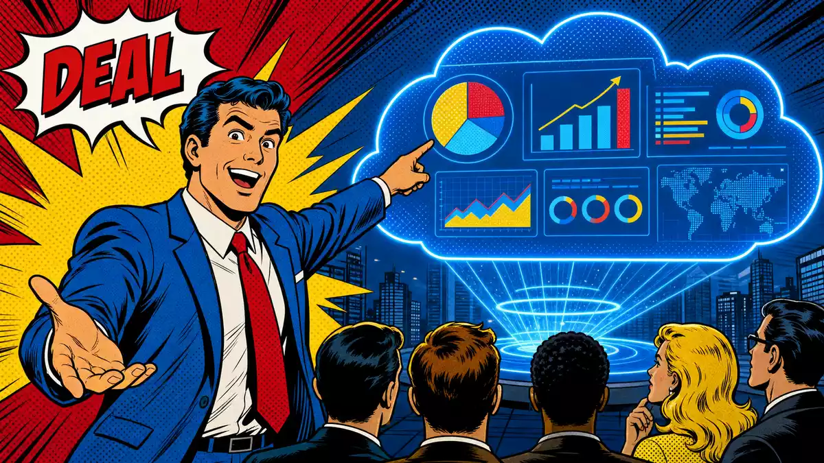 Bunte Comic-Illustration eines Verkäufers vor holografischem Cloud-Dashboard