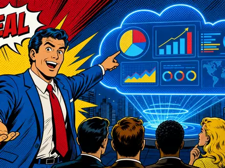 Pop-Art-Comic-Szene illustriert Vertriebserfolg mit Cloud-Dashboard, thematisch passend zu Salesforce Inc., ISIN US78409V1044, im CRM-Markt - Foto: THN