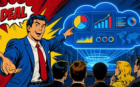 Pop-Art-Comic-Szene illustriert Vertriebserfolg mit Cloud-Dashboard, thematisch passend zu Salesforce Inc., ISIN US78409V1044, im CRM-Markt - Foto: THN
