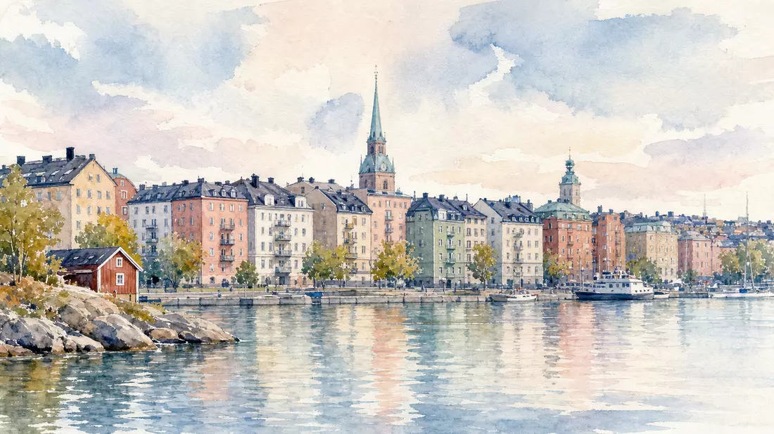 Aquarellmalerei einer Stadtsilhouette mit Wohngebäuden am Wasser