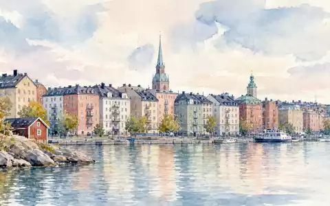 Kojamo Oyj FI4000292438 als sanfte Aquarellmalerei zeigt die Helsinki-Skyline mit Wohnhäusern direkt am ruhigen Wasser - Foto: THN