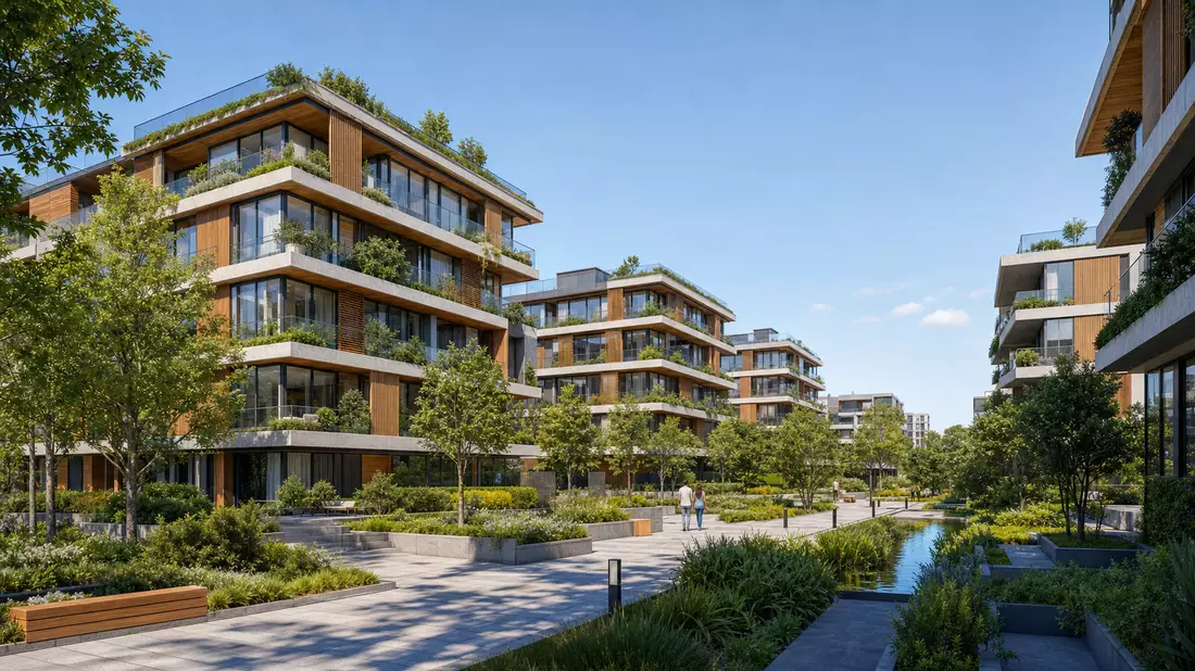 Architektur-Rendering eines modernen nachhaltigen Wohnquartiers