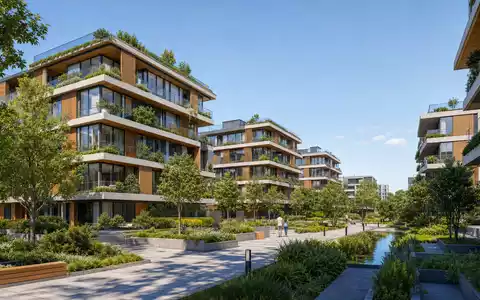 Kojamo Oyj FI4000292438 im Architektur-Render zeigt ein modernes Hochhaus-Wohnquartier mit nachhaltigem, umweltfreundlichem Design und Grünflächen - Foto: THN