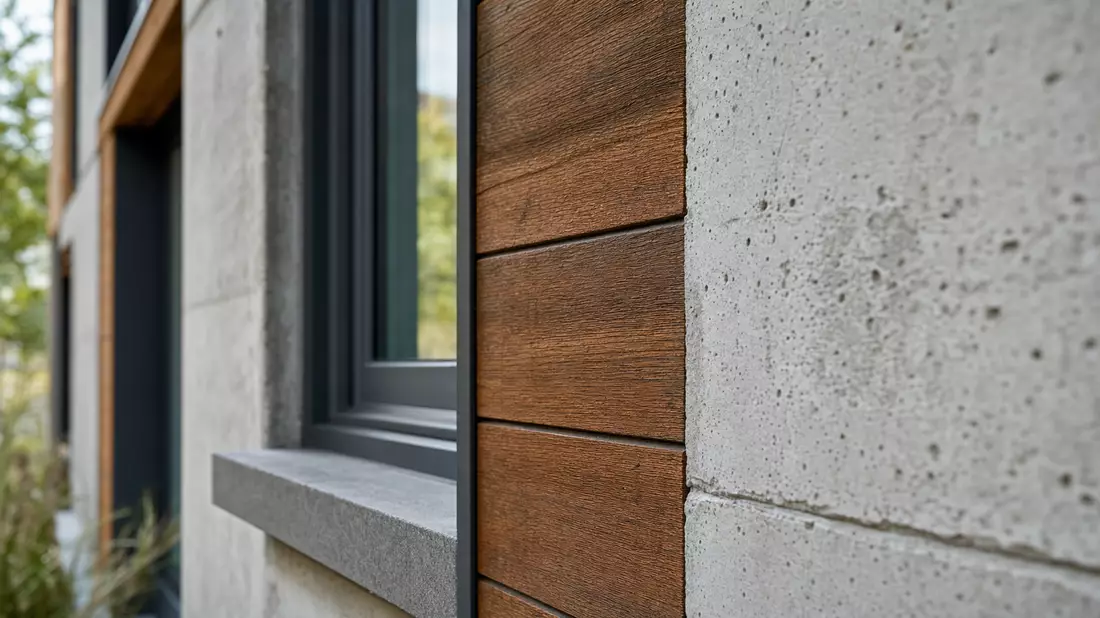 Makroaufnahme von Fassadenmaterial und Fensterdetails eines Gebäudes