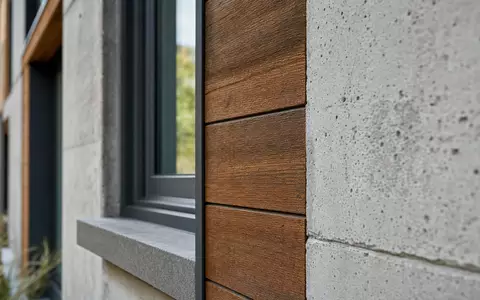 Kojamo Oyj FI4000292438 in Makroaufnahme zeigt Fassadenmaterial, Fensterrahmen und feine Texturdetails eines Wohngebäudes - Foto: THN