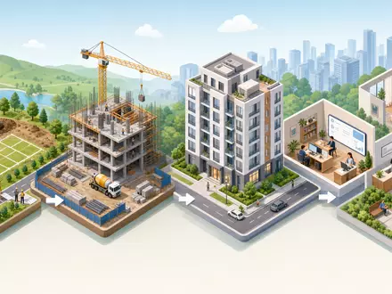 Kojamo Oyj FI4000292438 als isometrische 3D-Grafik zeigt Wertschöpfungskette von Bau bis Vermietung - Foto: THN