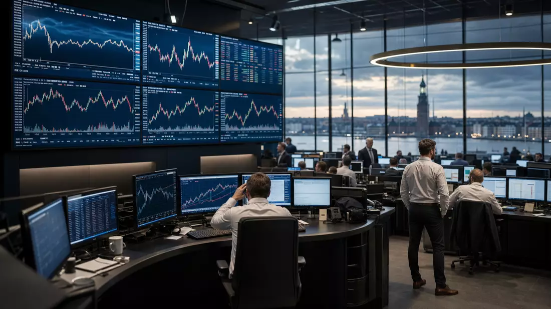 Trading-Floor mit Immobilien-Kurscharts im Editorial-Stil
