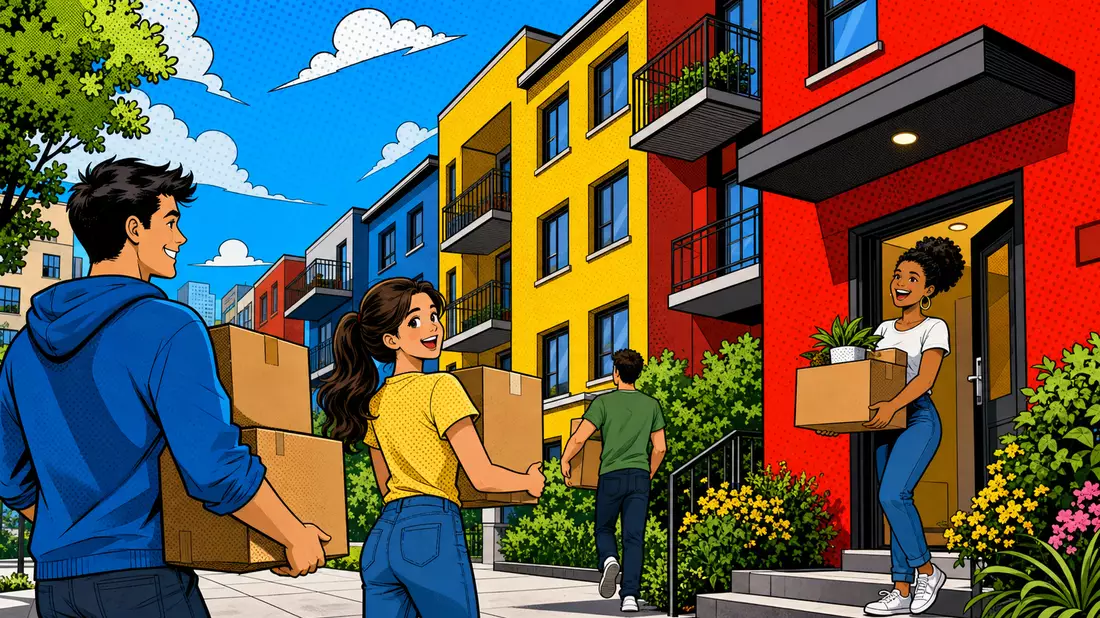 Pop-Art-Comic-Illustration von farbenfrohen Wohnblocks und Mietern