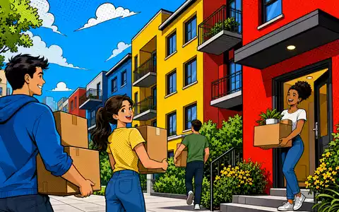 Kojamo Oyj FI4000292438 als Pop-Art-Comic zeigt farbenfrohe Wohnblocks mit lächelnden, umziehenden Mietern und Kartons - Foto: THN