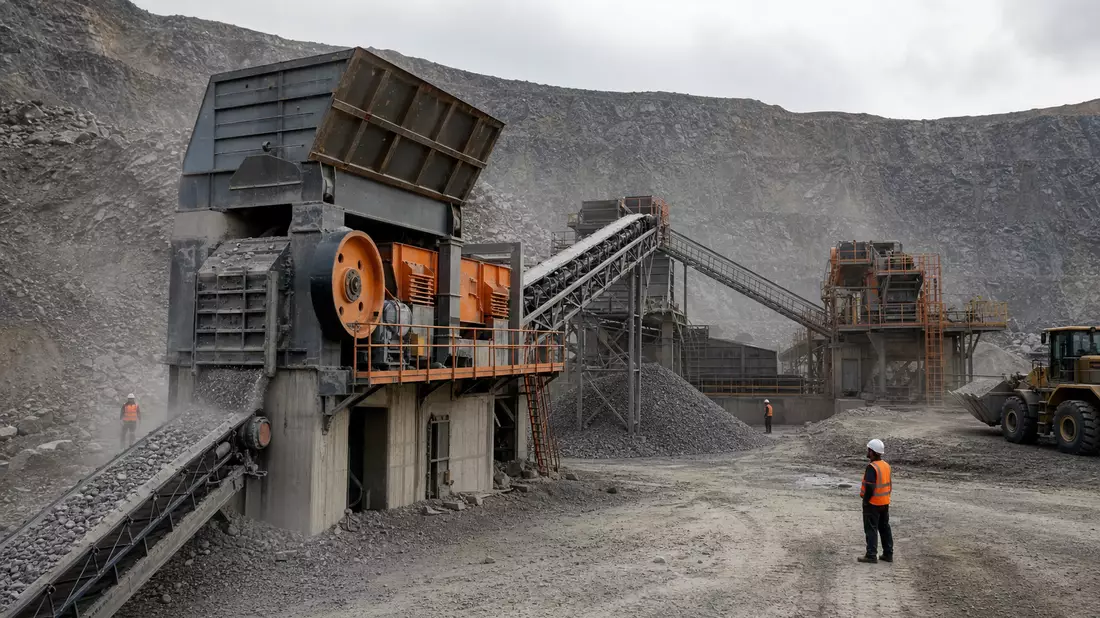 Fotorealistische Bergbauanlage mit großem industriellem Steinbrecher in Betrieb