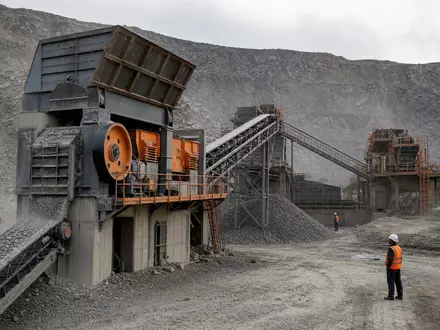 Metso Oyj zeigt Bergbau Anlage mit riesigem Steinbrecher in Betrieb ISIN FI0009014575 Aggregate Produktion - Foto: THN