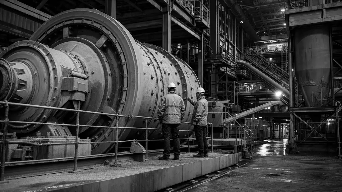 Schwarz-Weiß-Dokumentarfoto einer Mineralienverarbeitungsanlage mit Ingenieuren