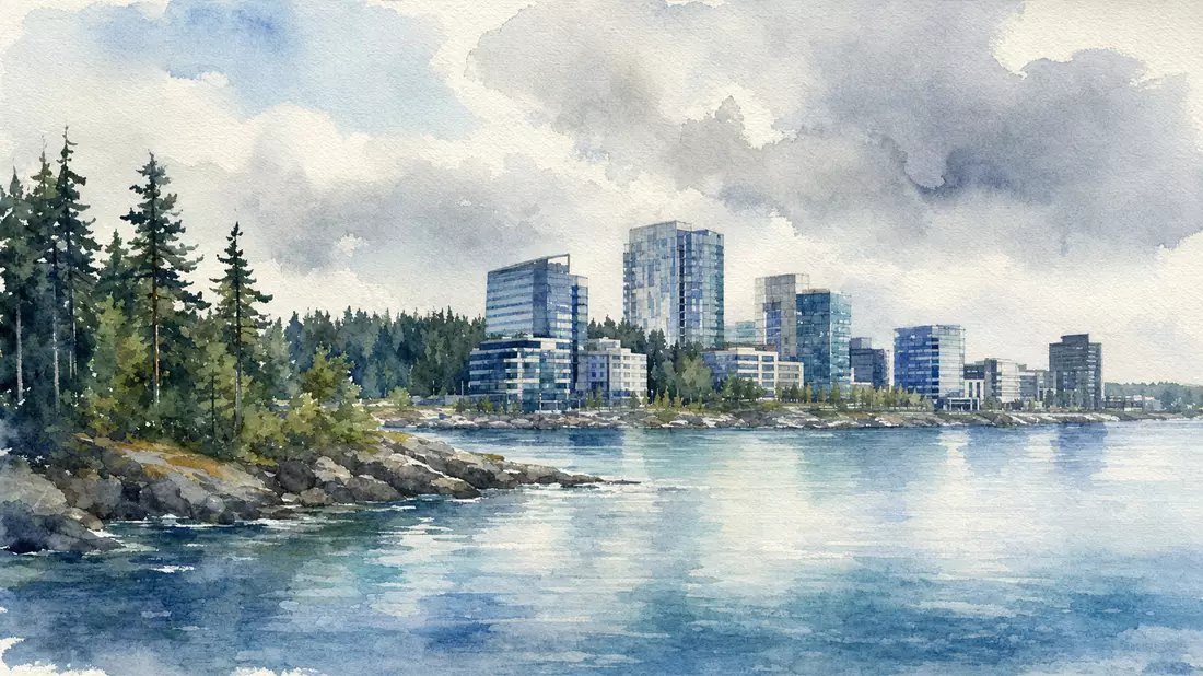 Aquarellgemälde der finnischen Küstenstadt Espoo mit Wasser und Wald