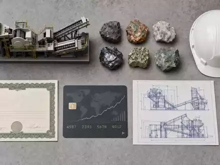 Metso Oyj Flatlay mit Miniatur Steinbrecher Metallerz Proben und Boersen Zertifikat ISIN FI0009014575 Anordnung - Foto: THN